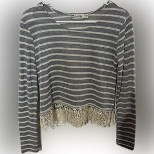 Spoiled Gray and White Striped Lace Hem Top
